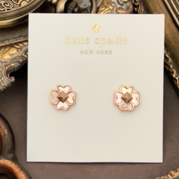 KATE SPADE • Rose Gold Spades & Studs Enamel Mother Of Pearl Logo Earrings - Picture 4 of 4